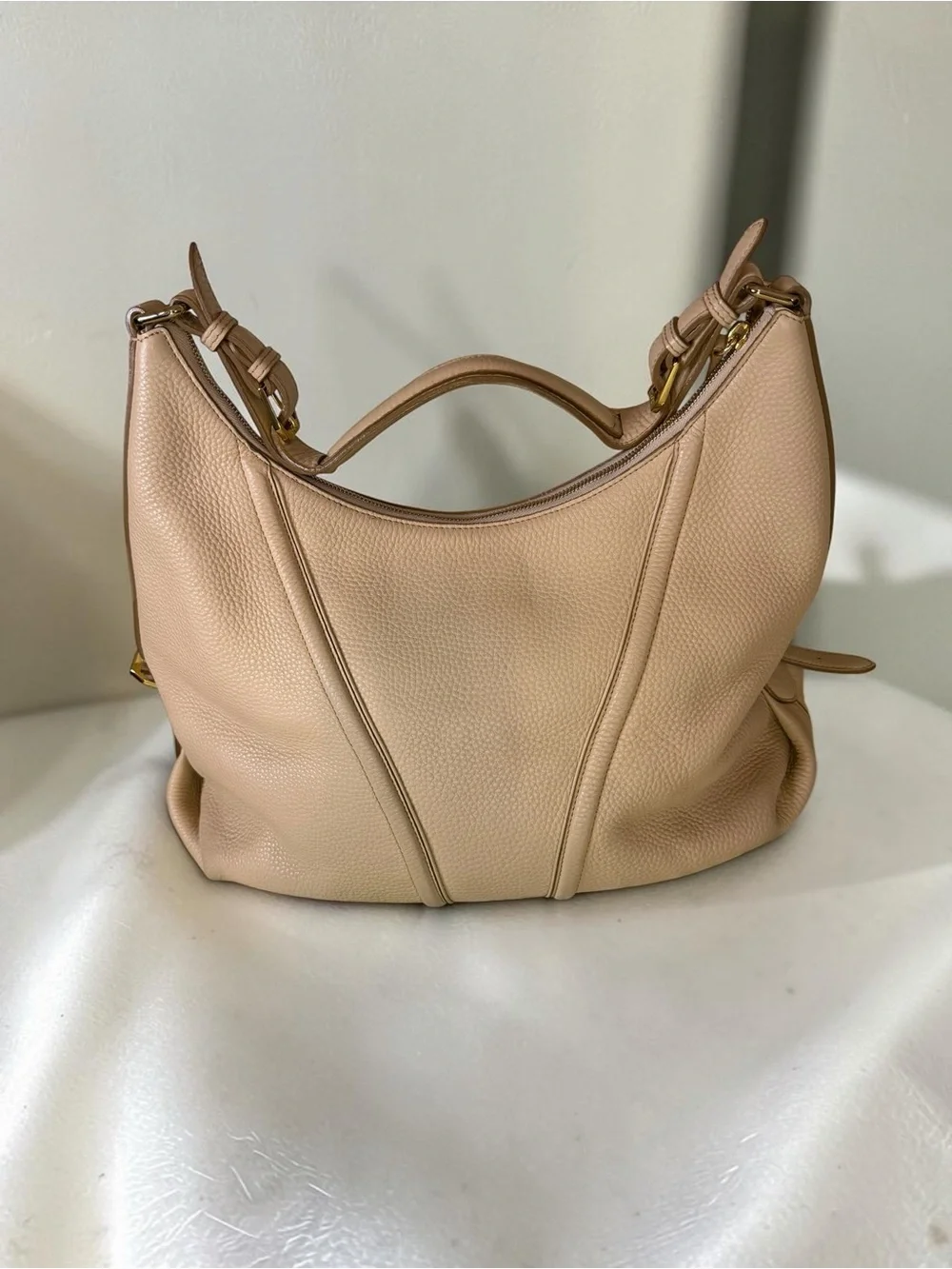 MCM Taupe Pebbled Leather Shoulder Bag with Gold Hardware